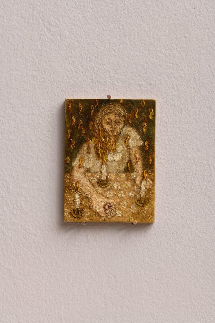 Plum Cloutman Girl reaching across the table for a pack of cards and setting her hair on fire on a candle, 2023 Pastel, watercolour pencil and oil on paper mounted on board 8.5 x 6.5 cm