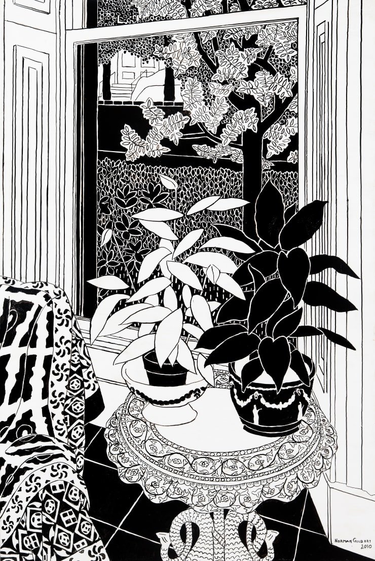 Norman Gilbert Plants at Window B&W, 2010 Indian Ink on Board 122 x 81 cm