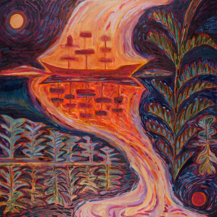 John Abell Fireship (Sun & Moon), 2021 Oil on board 61 x 61 cm