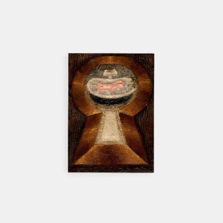 Plum Cloutman Peeping, 2022 Pastel, watercolour pencil and oil on paper mounted on board 18 x 12.75 cm