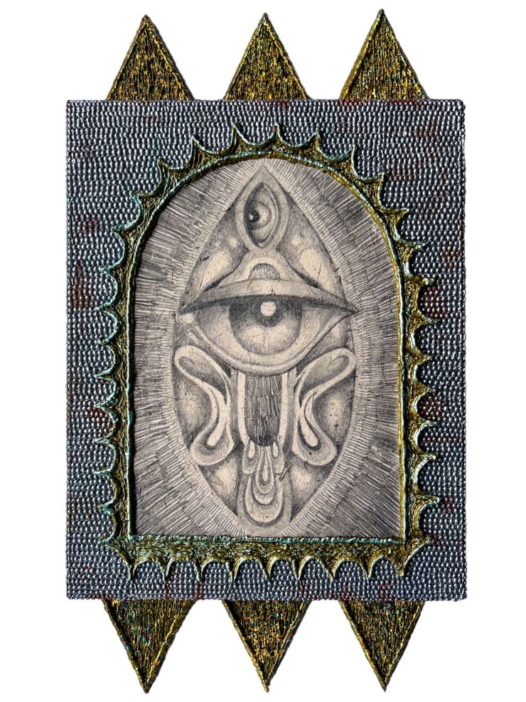 Zayn Qahtani Wound, 2023 Gilt polylactide, Bahraini date palm paper, graphite, wood 46.5 x 41 x 6 cm