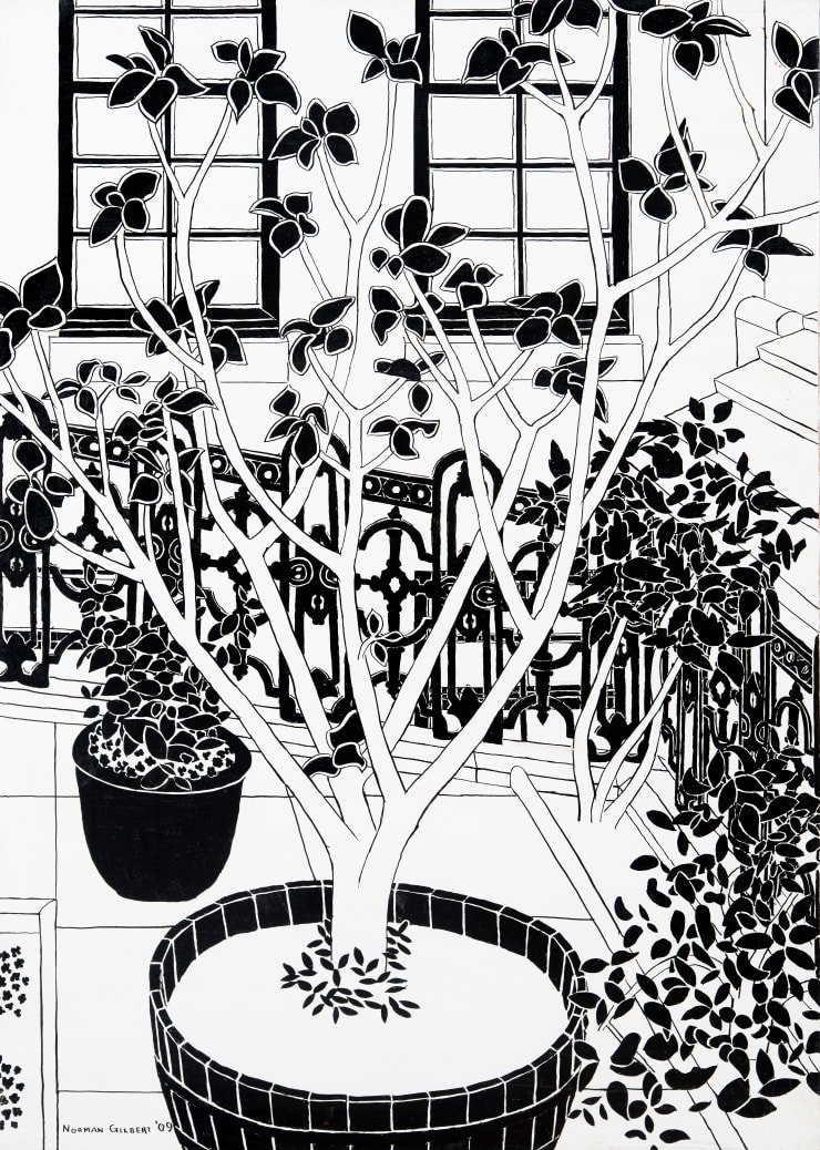 Norman Gilbert Red and Blue Leaves B&W, 2009 Indian Ink on Board 122 x 86 cm