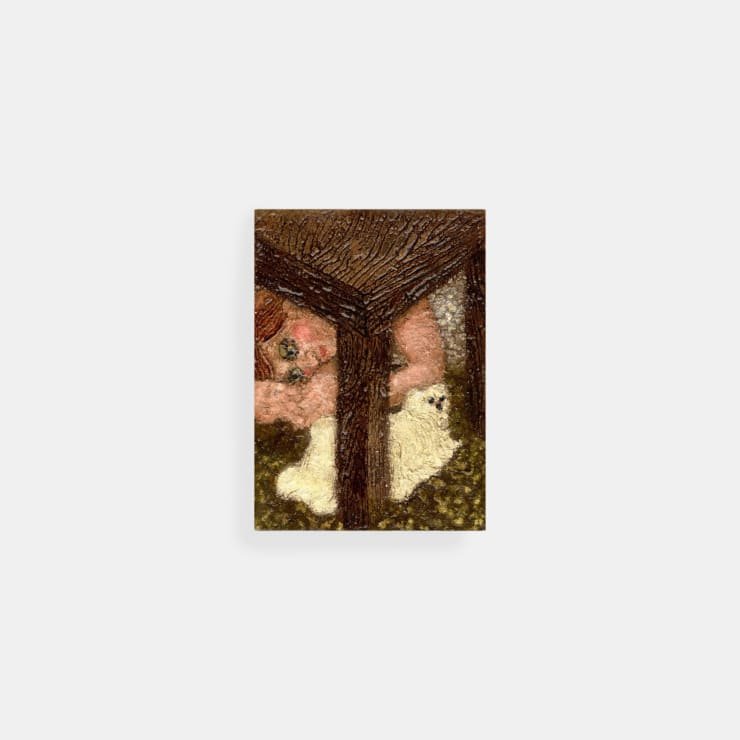 Plum Cloutman The Guest, 2022 Pastel, watercolour pencil and oil on paper mounted on board 8.8 x 6.4 cm