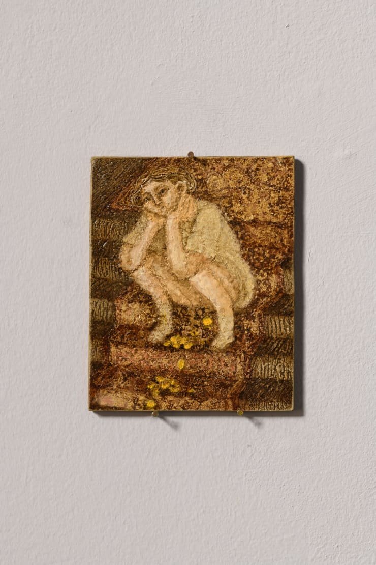 Plum Cloutman Pissing coins down the stairs, 2023 Pastel, watercolour pencil and oil on paper mounted on board 11 x 9 cm