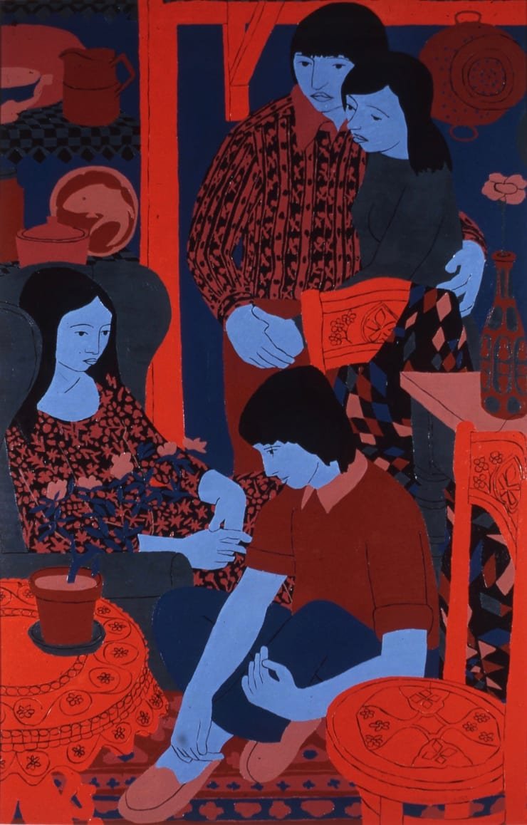 Norman Gilbert 'People and Red Furnature', 1972 Oil on Board 122 x 79 cm