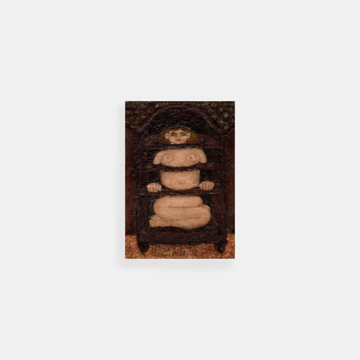 Plum Cloutman In the Wardrobe, 2022 Pastel, watercolour pencil, and oil mounted on paper mounted on board 21 x 15 cm