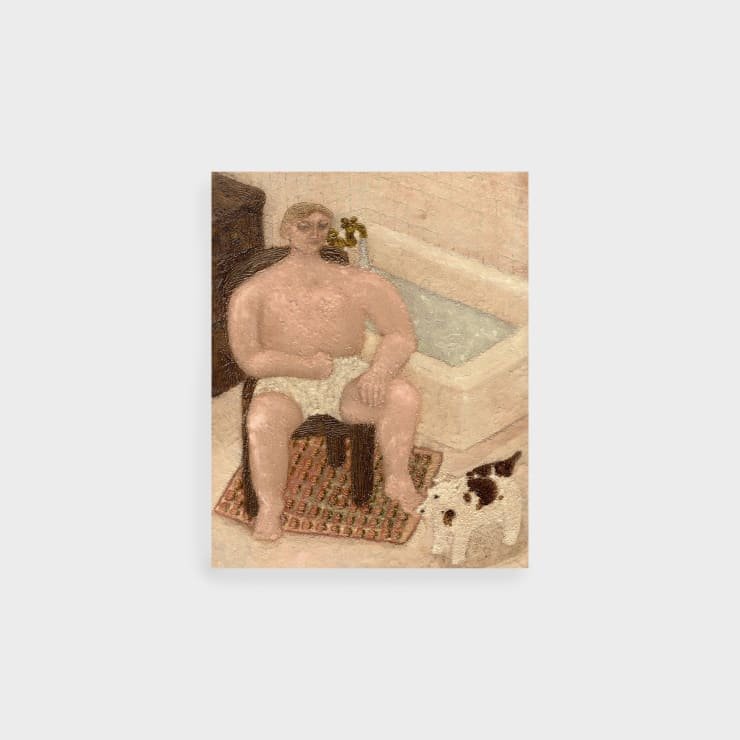 Plum Cloutman Elderly Dog Preparing for a Bath, 2022 Pastel watercolour pencil and oil on paper mounted on board 20.2 x 25.4 cm