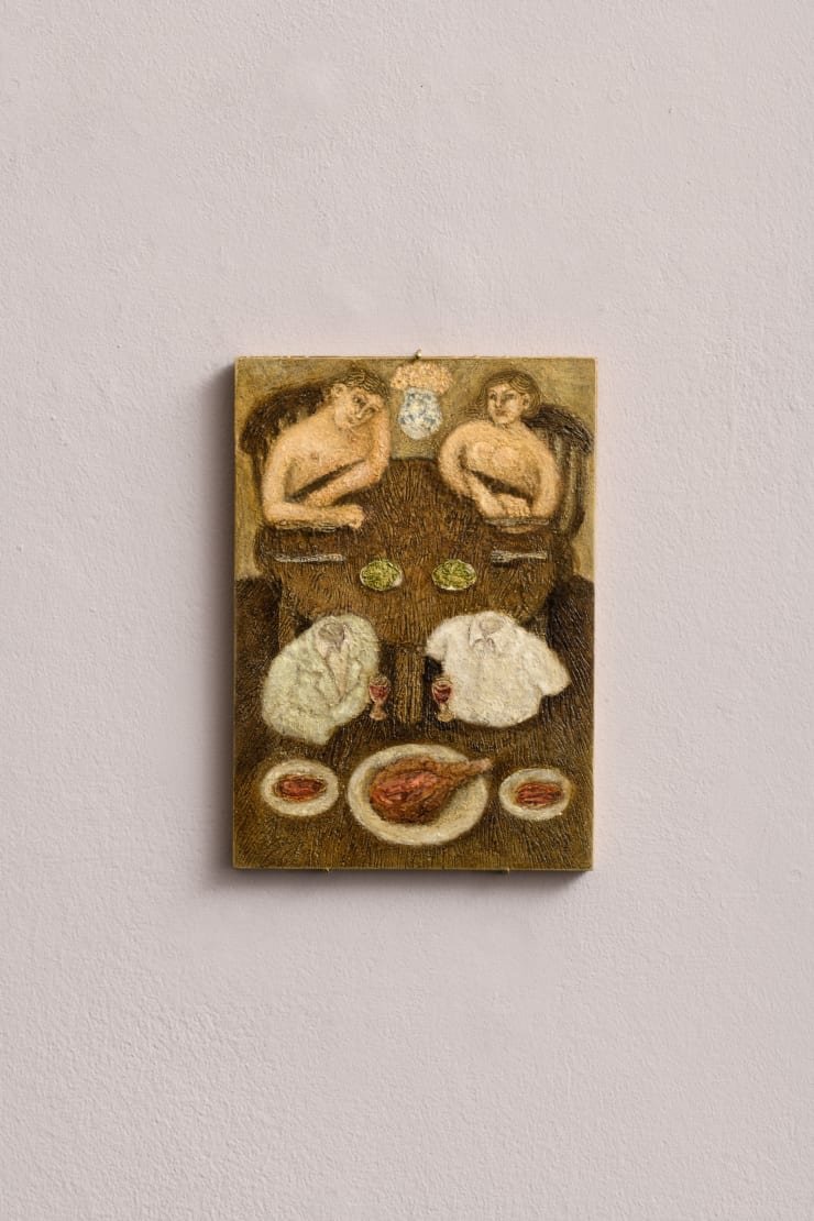 Plum Cloutman Dinner diagram, 2023 Pastel, watercolour pencil and oil on paper mounted on board 15 x 21 cm