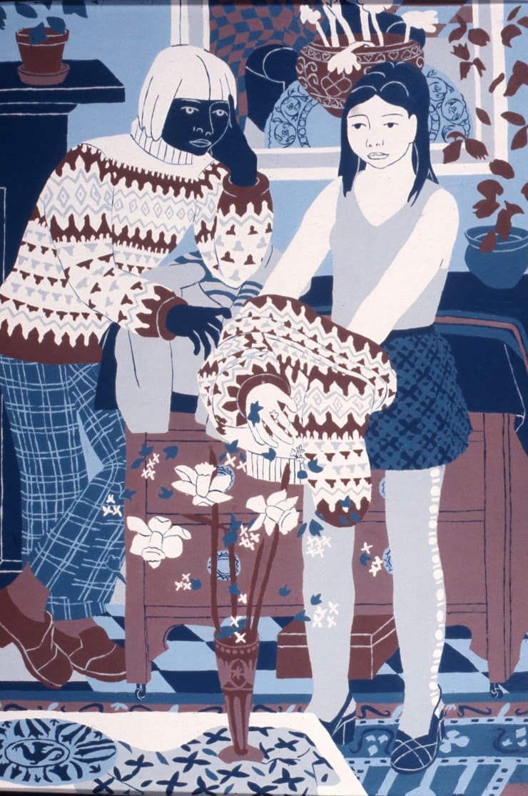 Norman Gilbert Boy and Girl and Icelantic Sweaters, 1975 Oil on Board 122 x 86 cm