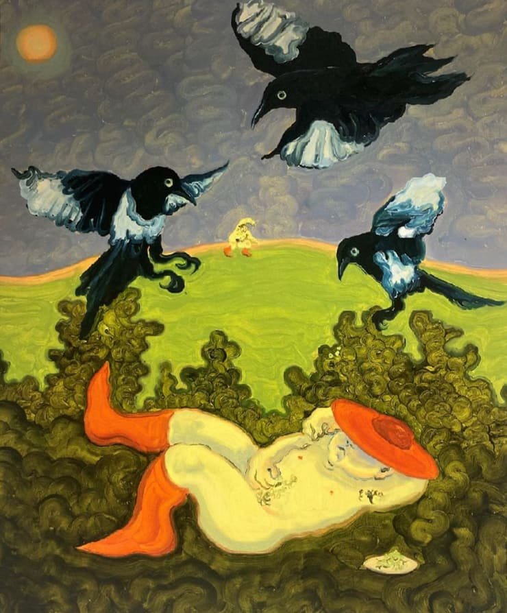 Georg Wilson The Gooseberry Thieves, 2022 Oil on panel 60.9 x 50.8 cm