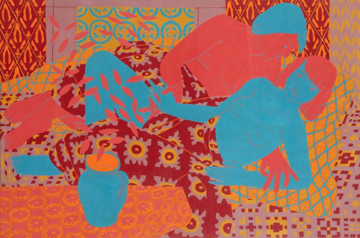 Norman Gilbert Boy and Girl and Red and Yellow Bed Mat, 1980 Oil on Board 81 x 122 cm