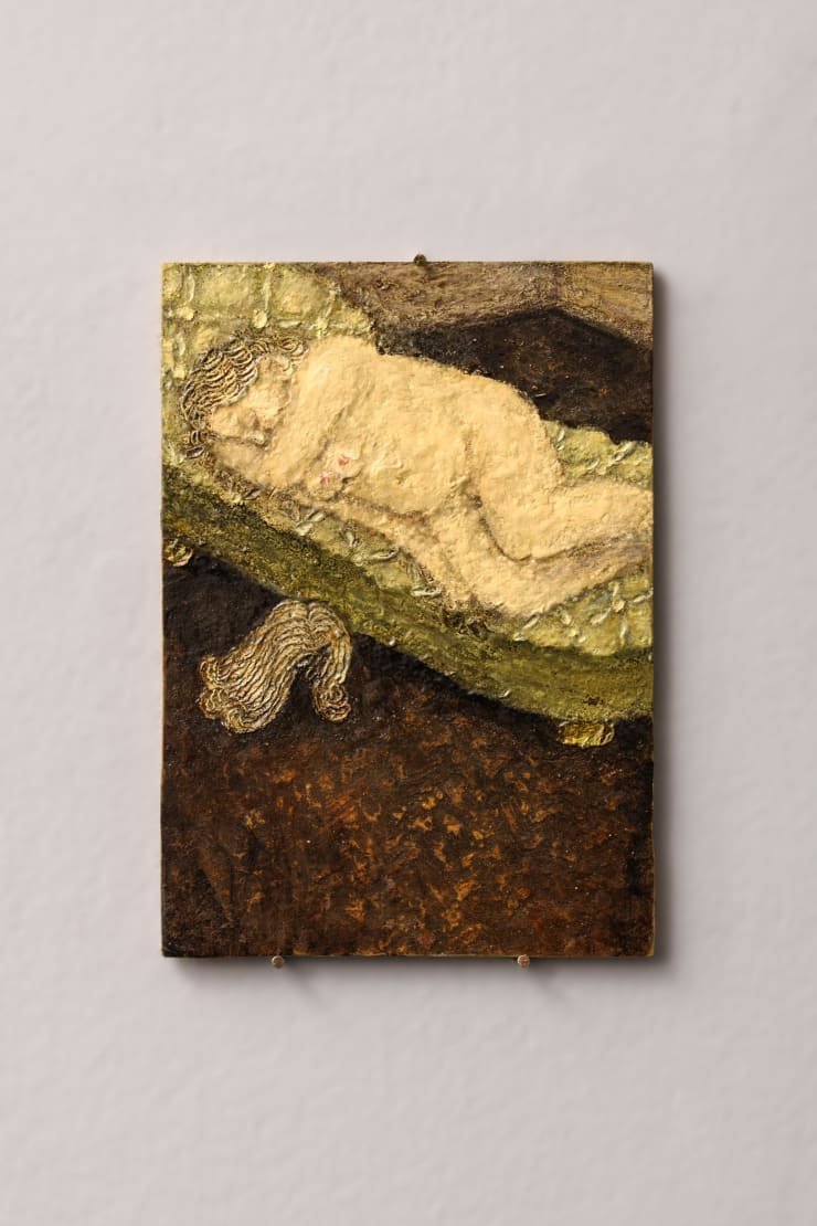 Plum Cloutman Wig strewn on parquet floor, 2023 Pastel, watercolour pencil and oil on paper mounted on board 14.5 x 10.5 cm