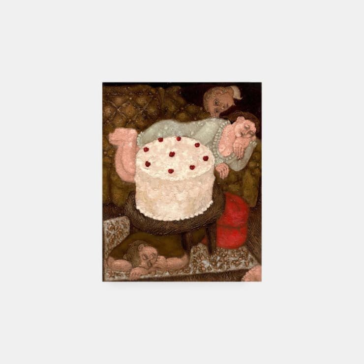 Plum Cloutman The Birthday, 2022 Pastel, watercolour pencil and oil on paper mounted on board 25.5 x 20 cm