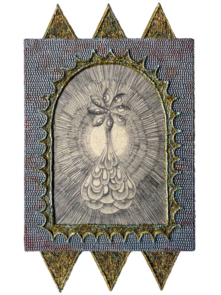 Zayn Qahtani Lamenations, 2023 Gilt polylactide, Bahraini date palm paper, graphite, wood 46.5 x 41 x 6 cm