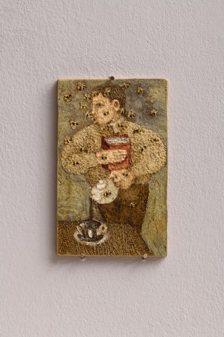 Plum Cloutman Immobilised by bees while pouring tea, 2023 Pastel, watercolour pencil and oil on paper mounted on board 12 x 7.5 cm
