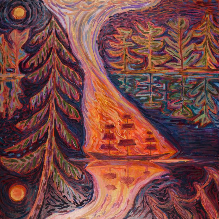 John Abell Fireship (The Dance), 2021 Oil on board 61 x 61 cm
